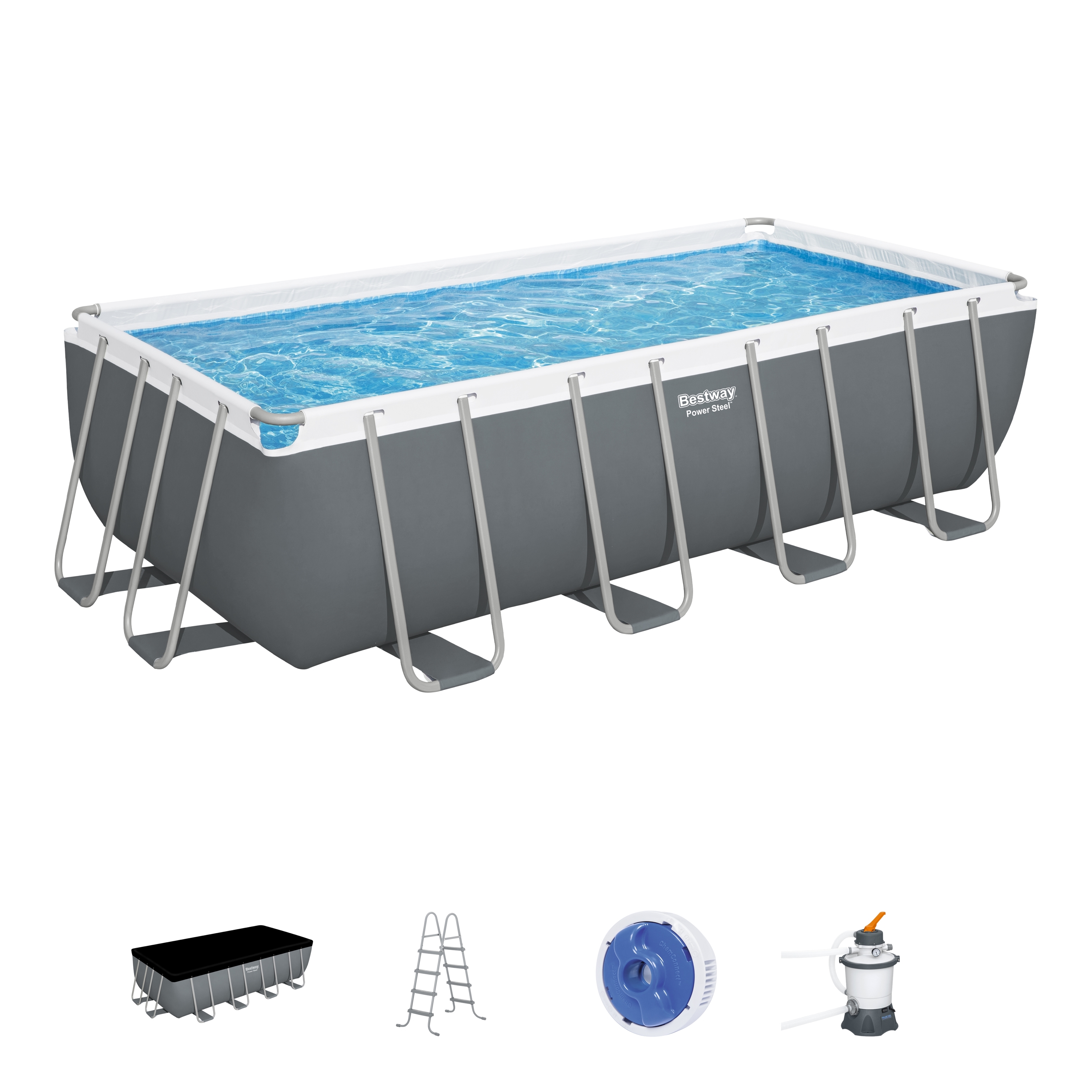 Каркасный бассейн Bestway 56671 BW, Power Steel 488х244х122см, 11532л, песочный фильтр-насос, лестница, тент, попл.-доз
